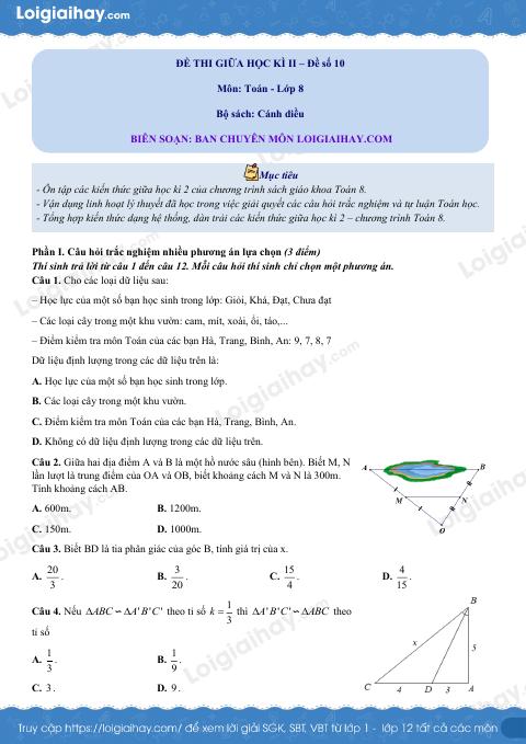 Đề thi giữa kì 2 Toán 8 Cánh diều - Đề số 10